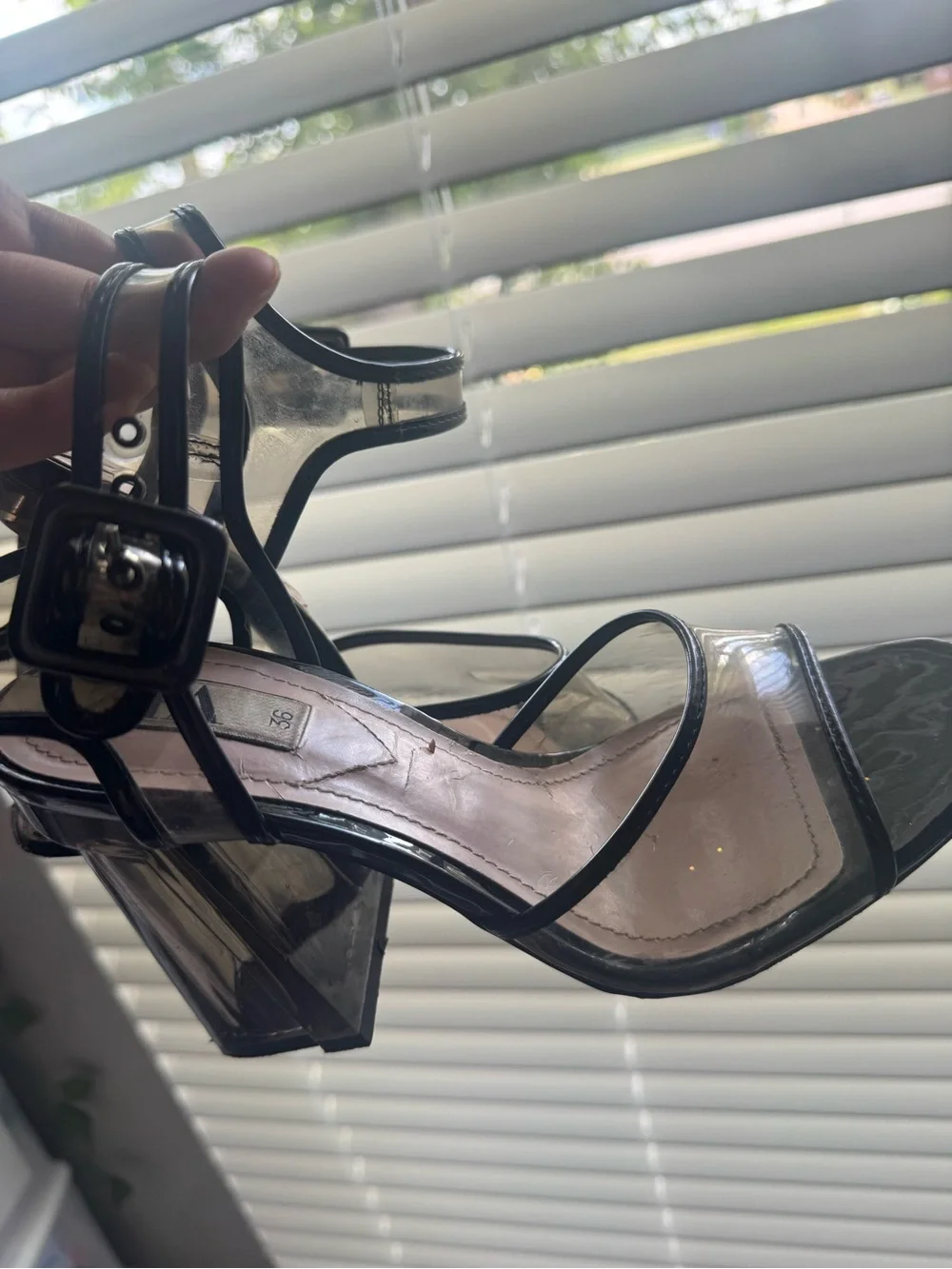 Zara Black Patent & Clear Strap Block Heels